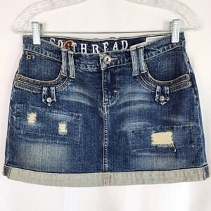 Southern Thread Denim Mini‎ Skirt Blue Distressed Womens Size 26 Western Cowgirl